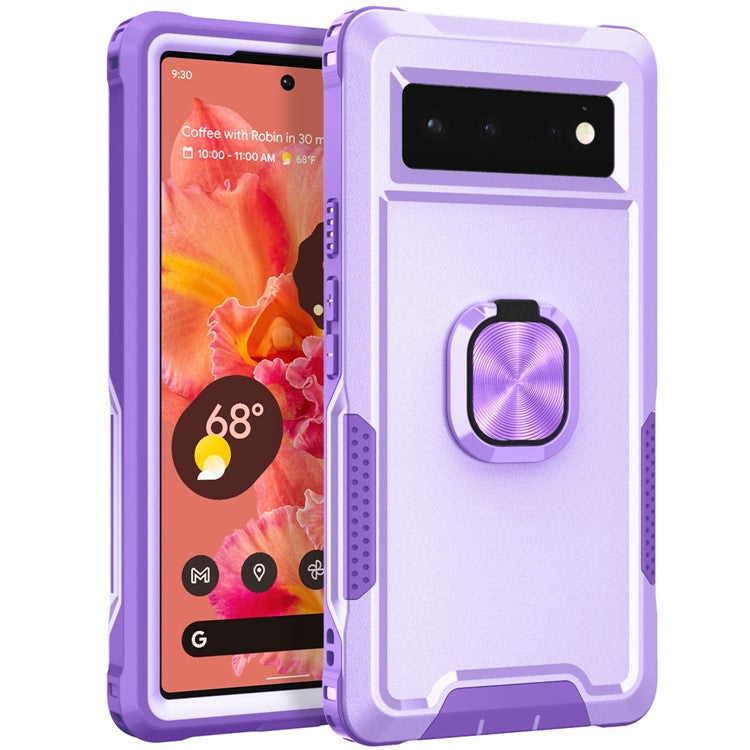 3-in-1 Drop-proof Phone Case For Google Pixel 6, Kickstand Ring Holder Precise Cutouts Phone Back Cover - Light Purple
