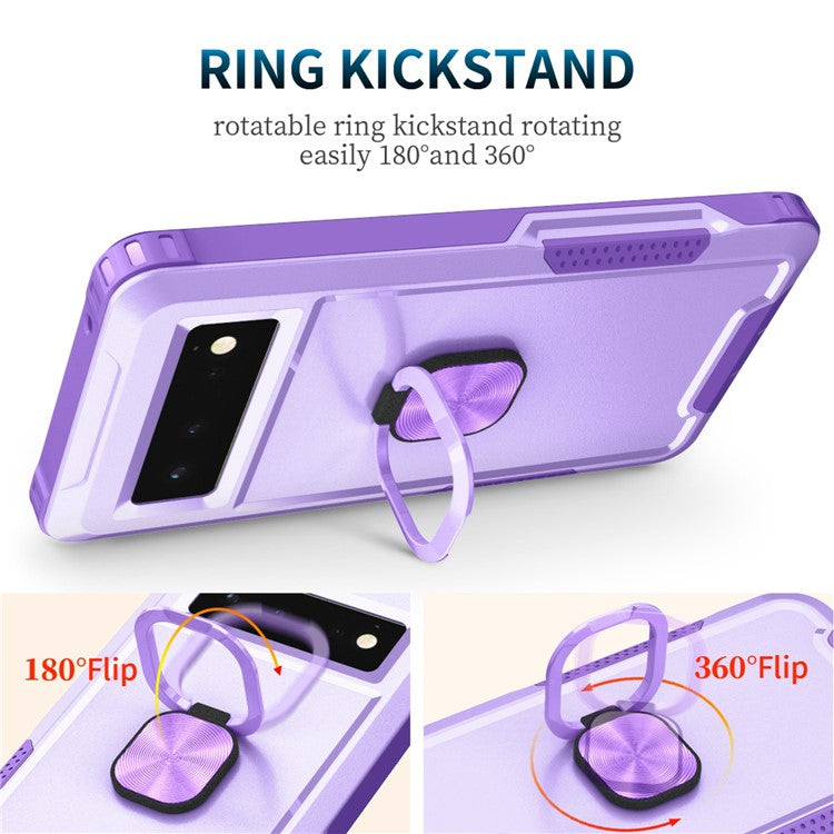 3-in-1 Drop-proof Phone Case For Google Pixel 6, Kickstand Ring Holder Precise Cutouts Phone Back Cover - Light Purple