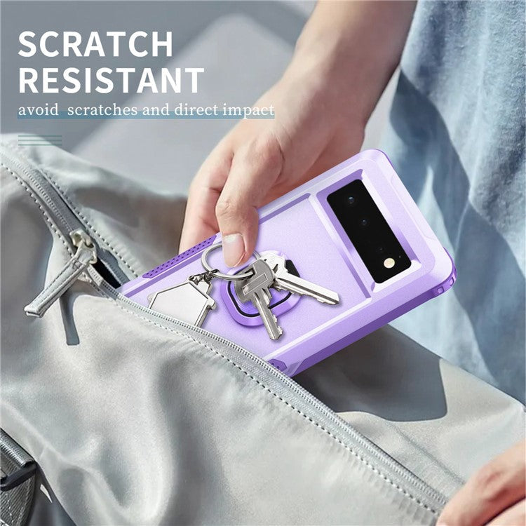 3-in-1 Drop-proof Phone Case For Google Pixel 6, Kickstand Ring Holder Precise Cutouts Phone Back Cover - Light Purple