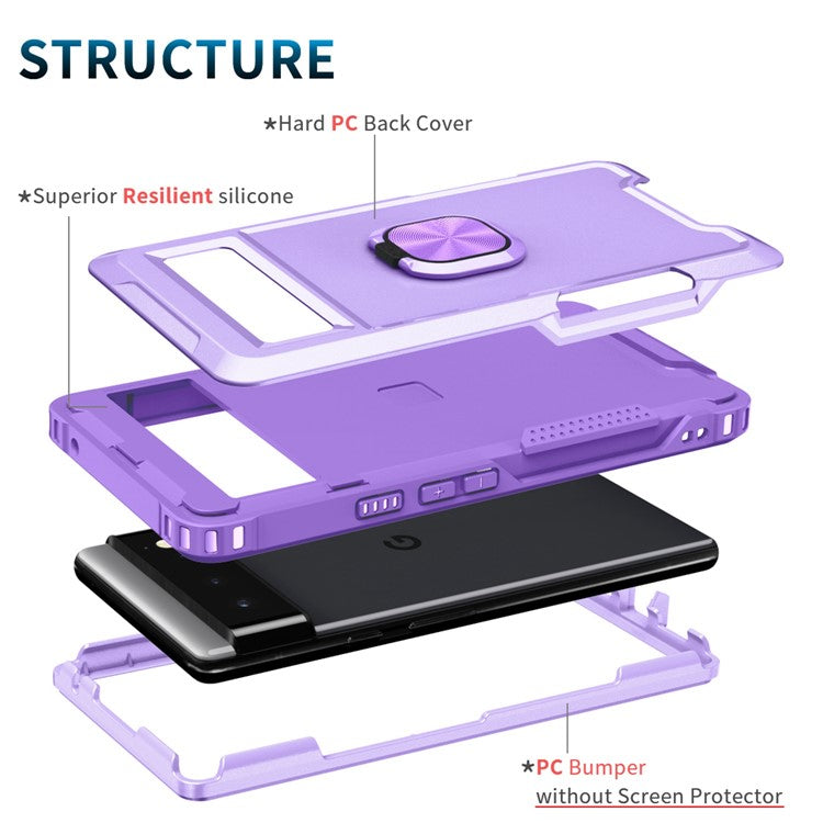 3-in-1 Drop-proof Phone Case For Google Pixel 6, Kickstand Ring Holder Precise Cutouts Phone Back Cover - Light Purple