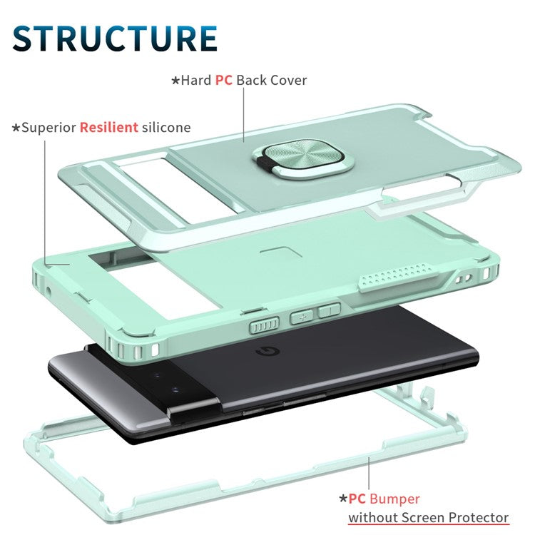 3-in-1 Phone Case For Google Pixel 6 Pro 5G, Wear-resistant Kickstand Ring Holder Phone Protective Back Cover - Green