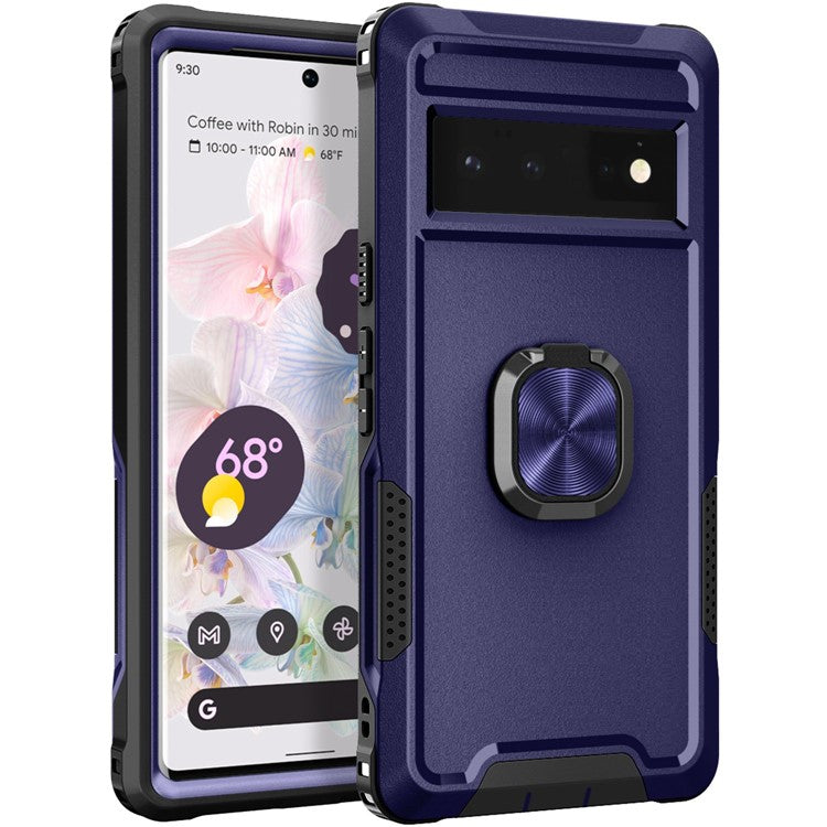 3-in-1 Phone Case For Google Pixel 6 Pro 5G, Wear-resistant Kickstand Ring Holder Phone Protective Back Cover - Navy Blue