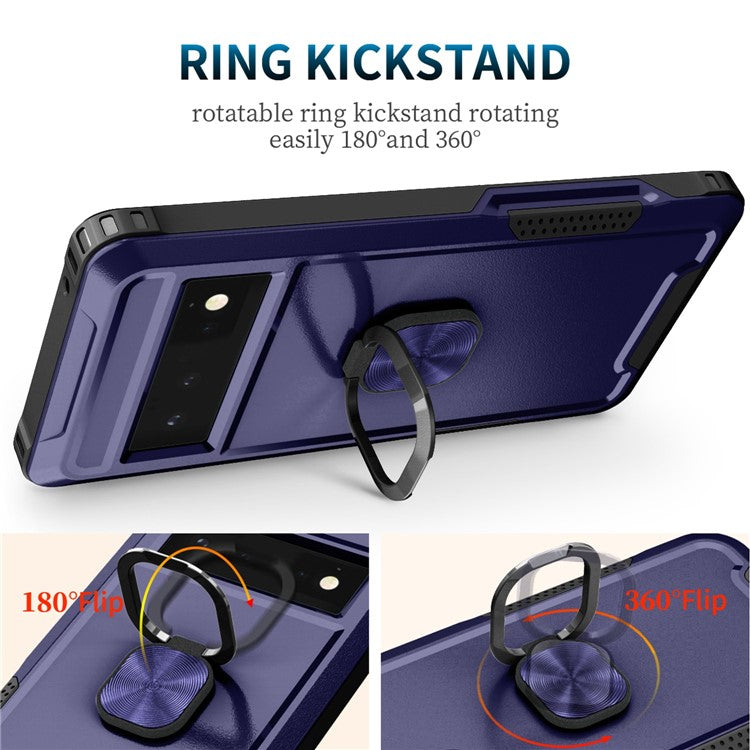 3-in-1 Phone Case For Google Pixel 6 Pro 5G, Wear-resistant Kickstand Ring Holder Phone Protective Back Cover - Navy Blue