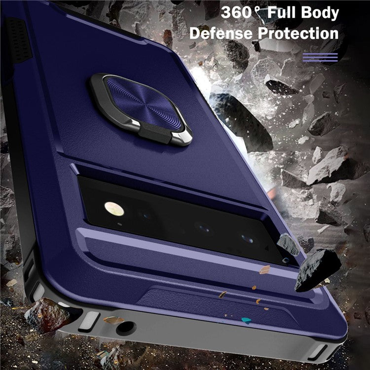 3-in-1 Phone Case For Google Pixel 6 Pro 5G, Wear-resistant Kickstand Ring Holder Phone Protective Back Cover - Navy Blue