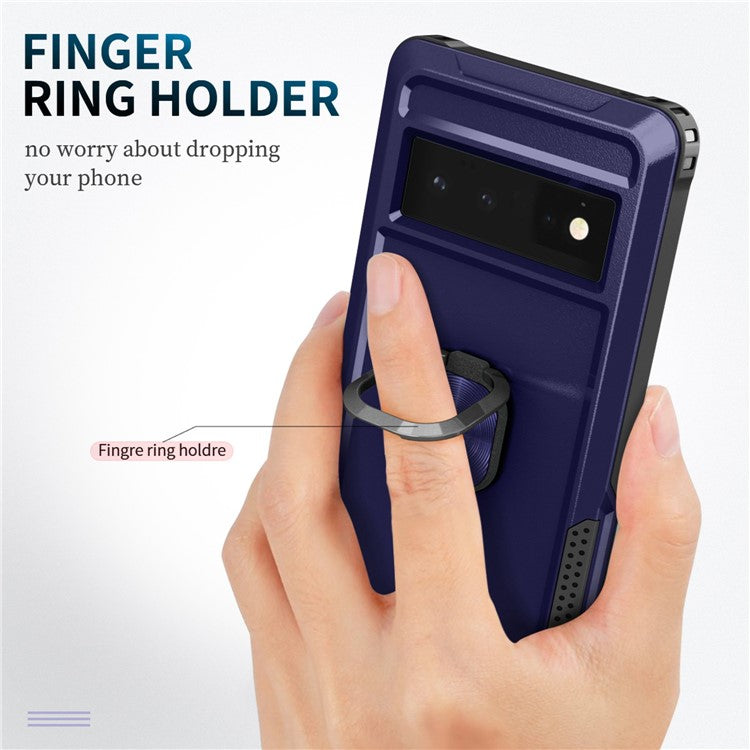 3-in-1 Phone Case For Google Pixel 6 Pro 5G, Wear-resistant Kickstand Ring Holder Phone Protective Back Cover - Navy Blue