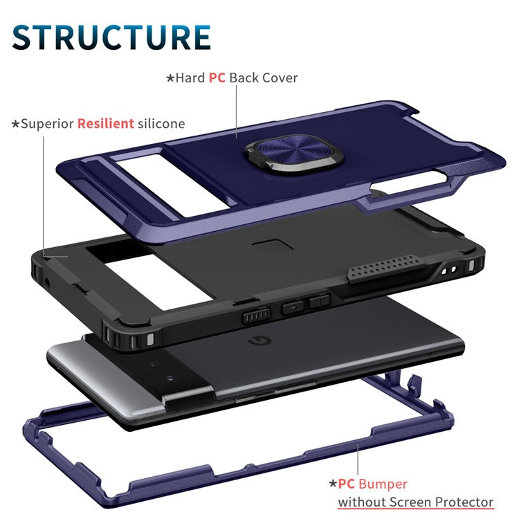 3-in-1 Phone Case For Google Pixel 6 Pro 5G, Wear-resistant Kickstand Ring Holder Phone Protective Back Cover - Navy Blue