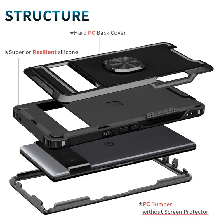 3-in-1 Phone Case For Google Pixel 6 Pro 5G, Wear-resistant Kickstand Ring Holder Phone Protective Back Cover - Black