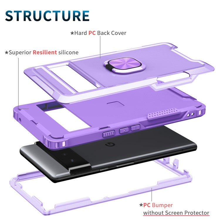 3-in-1 Phone Case For Google Pixel 6 Pro 5G, Wear-resistant Kickstand Ring Holder Phone Protective Back Cover - Light Purple