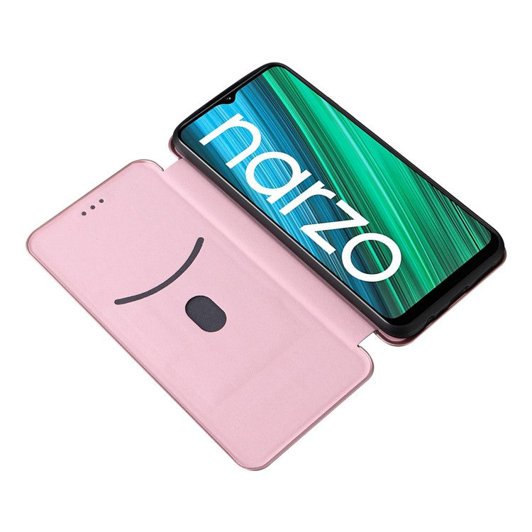 Carbon Fiber Texture Phone Case for Realme Narzo 50A PU Leather Anti-Drop Case Magnetic Closure Stand Cover with Card Holder - Rose Gold