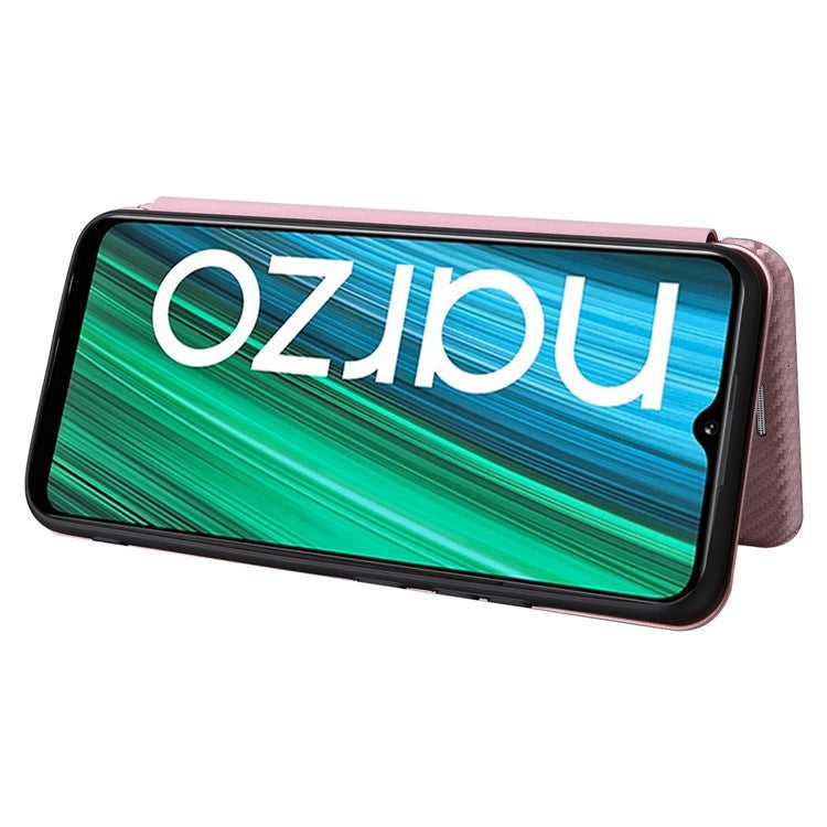 Carbon Fiber Texture Phone Case for Realme Narzo 50A PU Leather Anti-Drop Case Magnetic Closure Stand Cover with Card Holder - Rose Gold