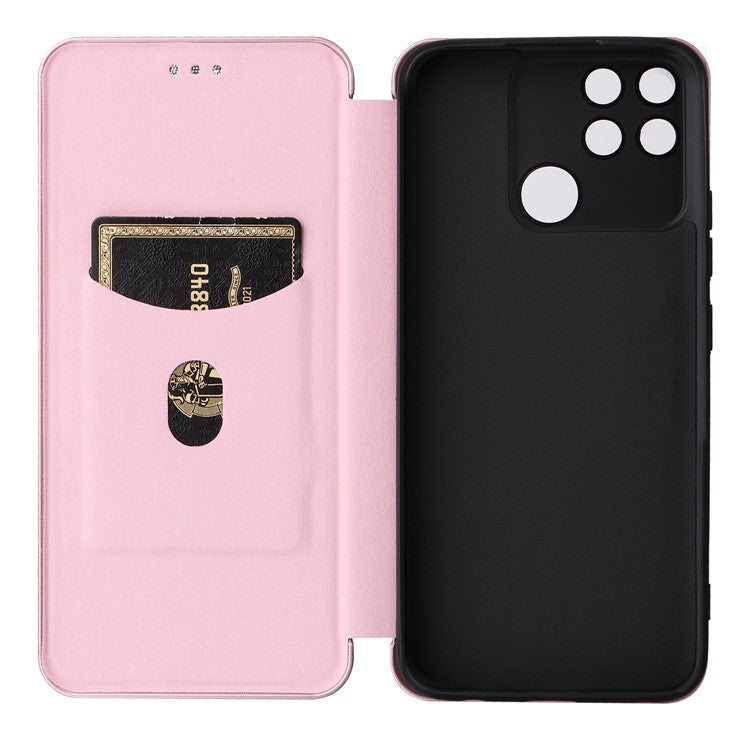Carbon Fiber Texture Phone Case for Realme Narzo 50A PU Leather Anti-Drop Case Magnetic Closure Stand Cover with Card Holder - Rose Gold