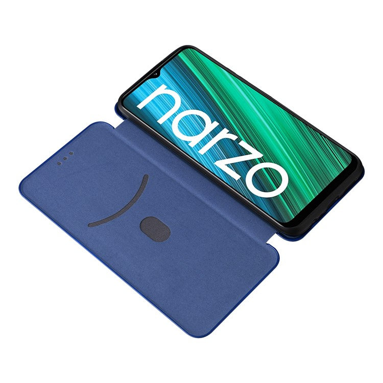 Carbon Fiber Texture Phone Case for Realme Narzo 50A PU Leather Anti-Drop Case Magnetic Closure Stand Cover with Card Holder - Blue
