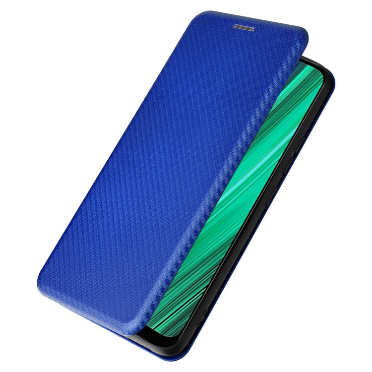 Carbon Fiber Texture Phone Case for Realme Narzo 50A PU Leather Anti-Drop Case Magnetic Closure Stand Cover with Card Holder - Blue