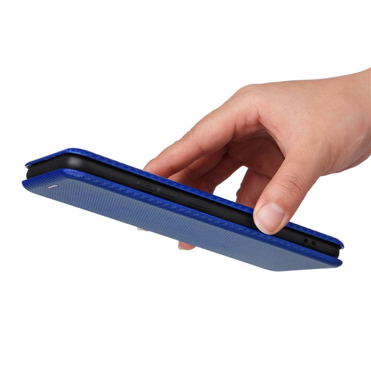Carbon Fiber Texture Phone Case for Realme Narzo 50A PU Leather Anti-Drop Case Magnetic Closure Stand Cover with Card Holder - Blue
