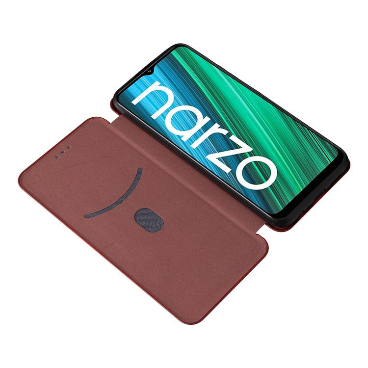 Carbon Fiber Texture Phone Case for Realme Narzo 50A PU Leather Anti-Drop Case Magnetic Closure Stand Cover with Card Holder - Brown