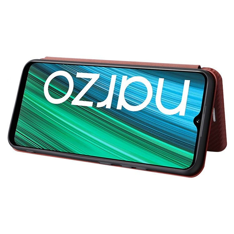 Carbon Fiber Texture Phone Case for Realme Narzo 50A PU Leather Anti-Drop Case Magnetic Closure Stand Cover with Card Holder - Brown
