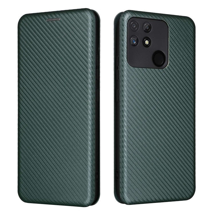 Carbon Fiber Texture Phone Case for Realme Narzo 50A PU Leather Anti-Drop Case Magnetic Closure Stand Cover with Card Holder - Green