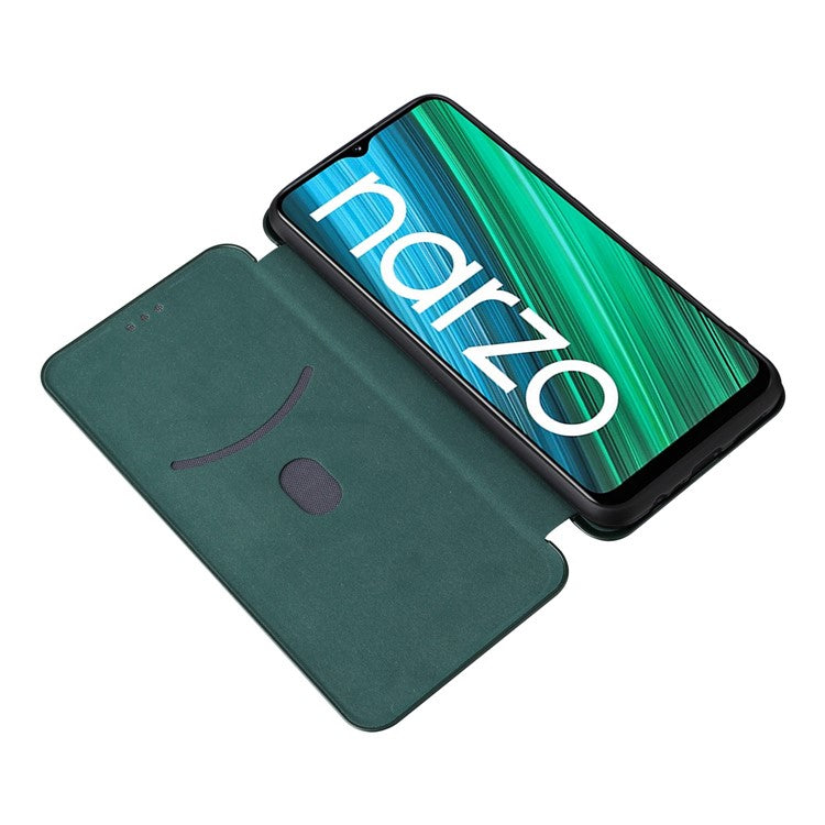 Carbon Fiber Texture Phone Case for Realme Narzo 50A PU Leather Anti-Drop Case Magnetic Closure Stand Cover with Card Holder - Green
