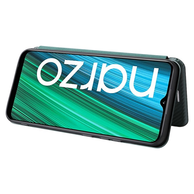 Carbon Fiber Texture Phone Case for Realme Narzo 50A PU Leather Anti-Drop Case Magnetic Closure Stand Cover with Card Holder - Green