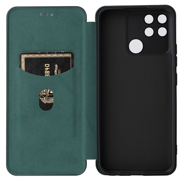 Carbon Fiber Texture Phone Case for Realme Narzo 50A PU Leather Anti-Drop Case Magnetic Closure Stand Cover with Card Holder - Green