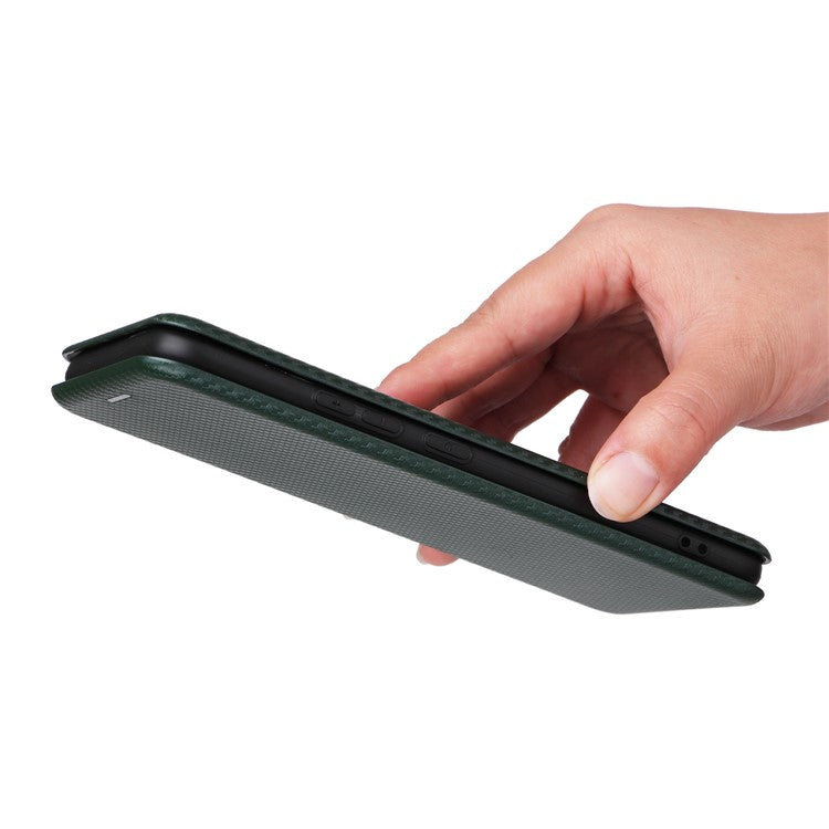 Carbon Fiber Texture Phone Case for Realme Narzo 50A PU Leather Anti-Drop Case Magnetic Closure Stand Cover with Card Holder - Green