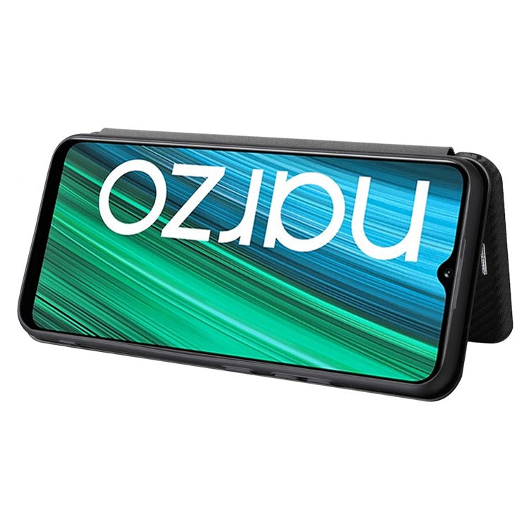 Carbon Fiber Texture Phone Case for Realme Narzo 50A PU Leather Anti-Drop Case Magnetic Closure Stand Cover with Card Holder - Black