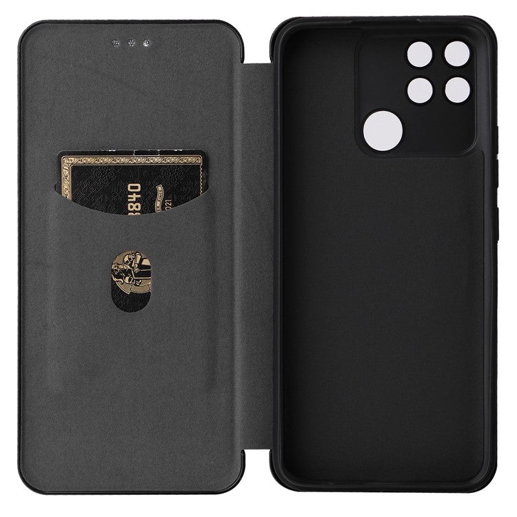Carbon Fiber Texture Phone Case for Realme Narzo 50A PU Leather Anti-Drop Case Magnetic Closure Stand Cover with Card Holder - Black