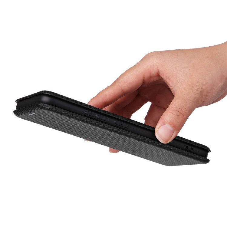 Carbon Fiber Texture Phone Case for Realme Narzo 50A PU Leather Anti-Drop Case Magnetic Closure Stand Cover with Card Holder - Black