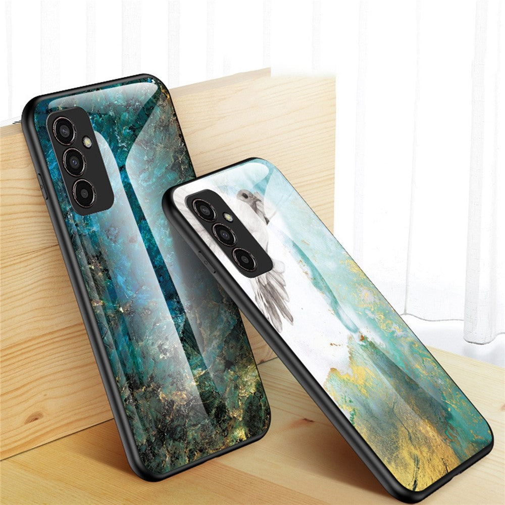For Samsung Galaxy M13 4G Marble Pattern Phone Shell Tempered Glass + PC + TPU Hybrid Protective Cover - Blood Red Marble
