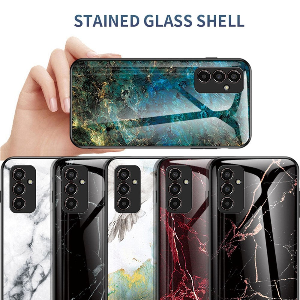 For Samsung Galaxy M13 4G Marble Pattern Phone Shell Tempered Glass + PC + TPU Hybrid Protective Cover - Blood Red Marble