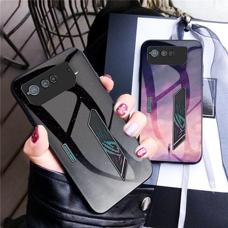 For Asus ROG Phone 6 5G Airbag Anti-fall Starry Sky Pattern Design Back Cover PC TPU Tempered Glass Anti-scratch Case - Starry Crescent Moon