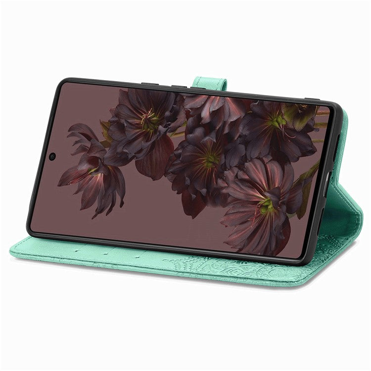 Stand Wallet Leather Case for Google Pixel 7 5G, Embossed Mandala Pattern Full Protection Inner TPU Phone Cover with Strap - Green