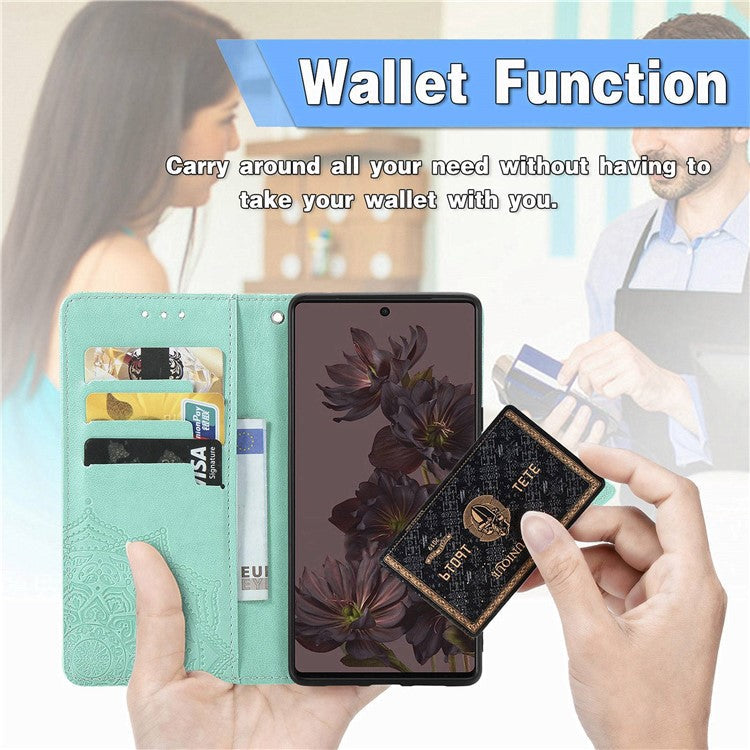 Stand Wallet Leather Case for Google Pixel 7 5G, Embossed Mandala Pattern Full Protection Inner TPU Phone Cover with Strap - Green