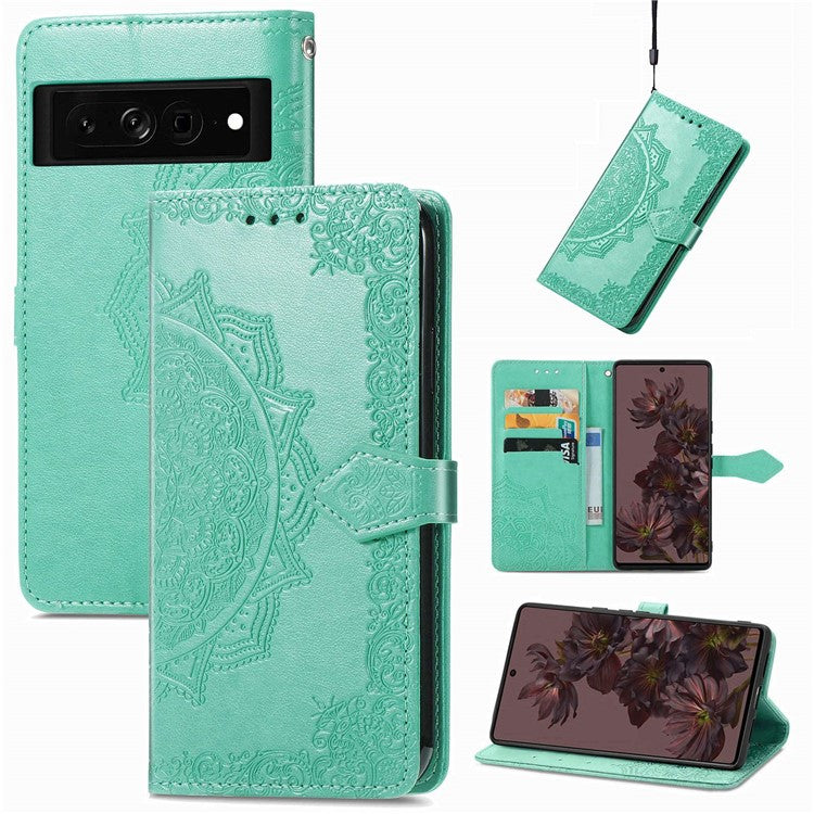 Stand Wallet Leather Case for Google Pixel 7 5G, Embossed Mandala Pattern Full Protection Inner TPU Phone Cover with Strap - Green