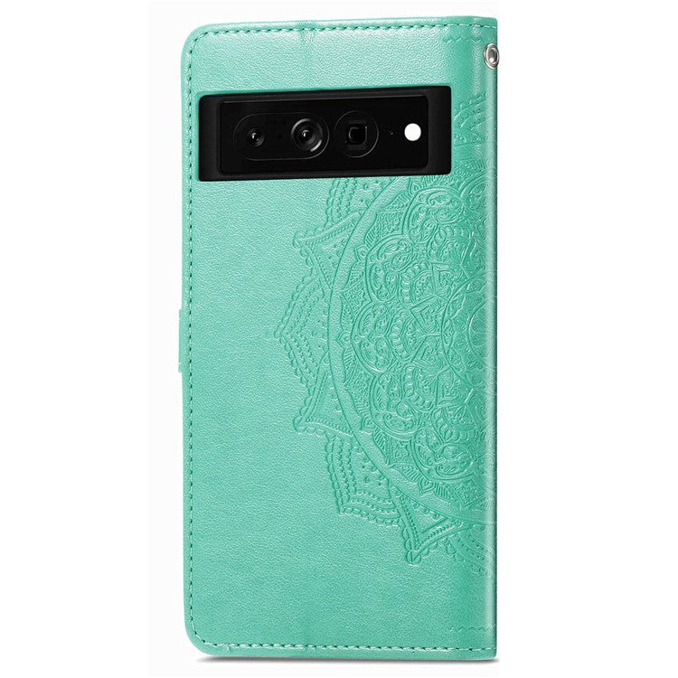 Stand Wallet Leather Case for Google Pixel 7 5G, Embossed Mandala Pattern Full Protection Inner TPU Phone Cover with Strap - Green