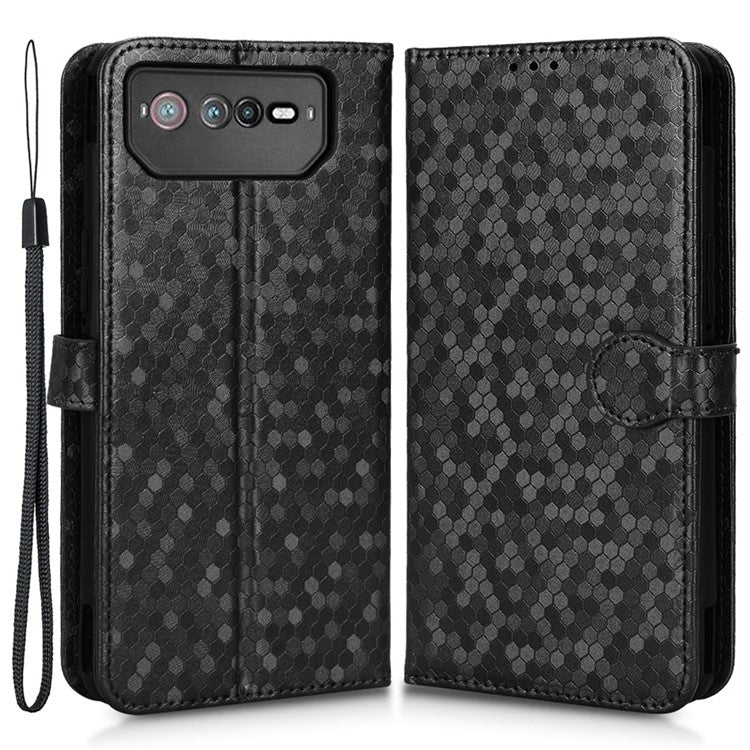 For Asus ROG Phone 6 5G Dot Pattern Imprinted Shockproof Phone Cover PU Leather TPU Case with Stand Wallet - Black