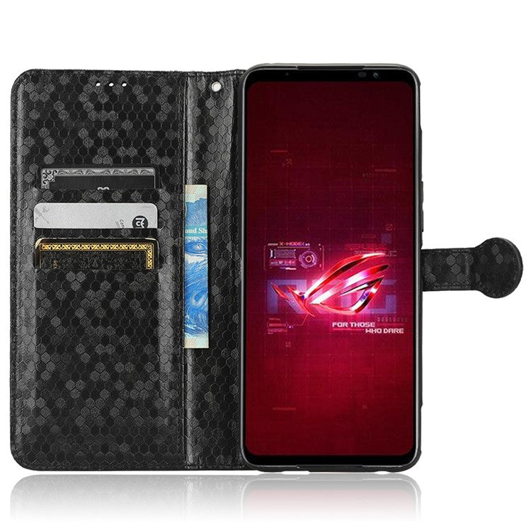 For Asus ROG Phone 6 5G Dot Pattern Imprinted Shockproof Phone Cover PU Leather TPU Case with Stand Wallet - Black