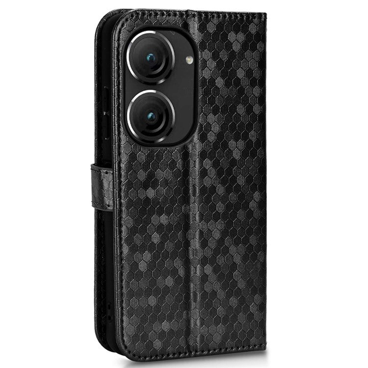 For Asus Zenfone 9 5G Magnetic Clasp Dot Pattern Imprinted PU Leather Stand Case Anti-drop Wallet Phone Cover - Black