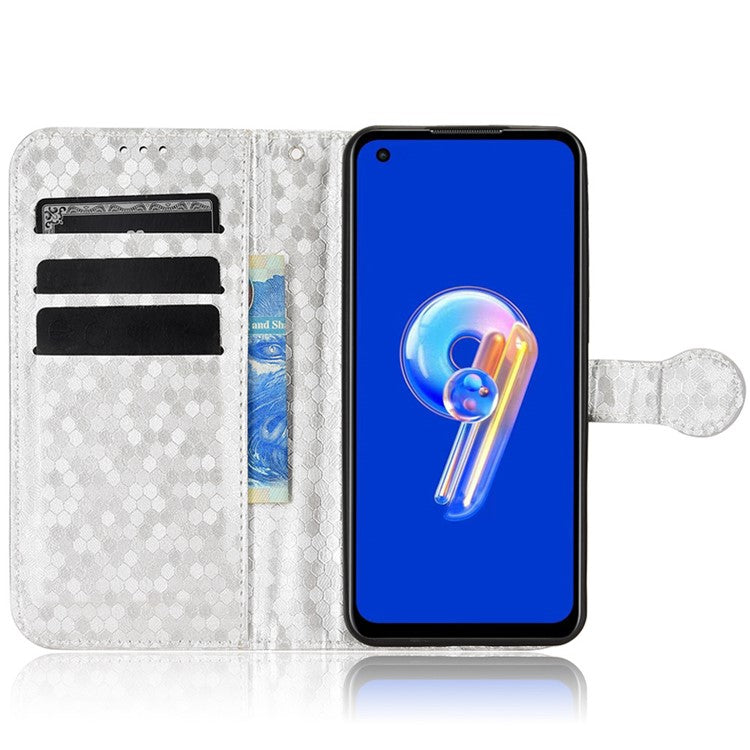 For Asus Zenfone 9 5G Magnetic Clasp Dot Pattern Imprinted PU Leather Stand Case Anti-drop Wallet Phone Cover - Silver