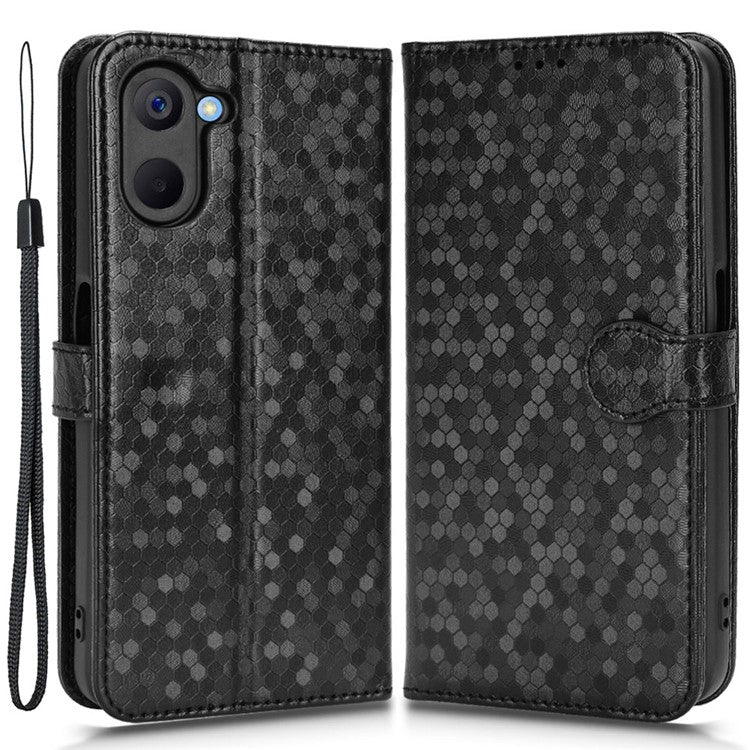 For Realme V20 5G Dot Pattern Imprinted Phone Cover PU Leather TPU Stand Wallet Full Protection Case - Black