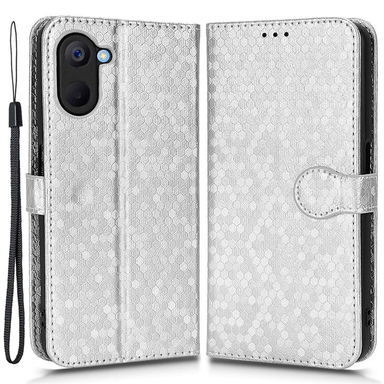 For Realme V20 5G Dot Pattern Imprinted Phone Cover PU Leather TPU Stand Wallet Full Protection Case - Silver