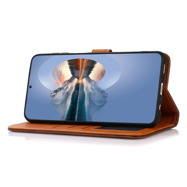 KHAZNEH for OnePlus 10T 5G / Ace Pro 5G Golden Magnetic Buckle Phone Cover, Dual Color Stand Function Wallet PU Leather Case - Brown