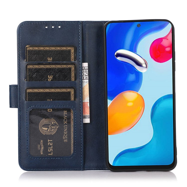 For OnePlus 10T 5G / Ace Pro 5G Anti-collision Magnetic Clasp Cowhide Textured Phone Wallet Case PU Leather Flip Cover Viewing Stand - Blue