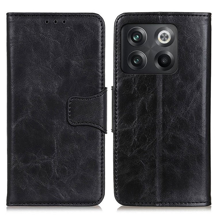 For OnePlus 10T 5G / Ace Pro 5G Split Leather Mobile Phone Cover Supporting Stand Smartphone Case Crazy Horse Texture Wallet Cellphone Shell - Black