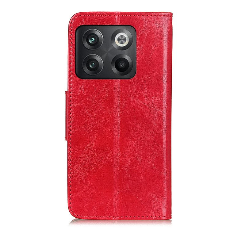 For OnePlus 10T 5G / Ace Pro 5G Split Leather Mobile Phone Cover Supporting Stand Smartphone Case Crazy Horse Texture Wallet Cellphone Shell - Red