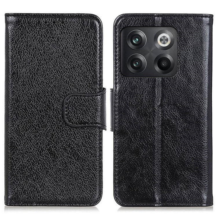 For OnePlus 10T 5G / Ace Pro 5G Anti-scratch Split Leather Flip Case Nappa Texture Magnetic Closure Phone Wallet Cover with Stand - Black