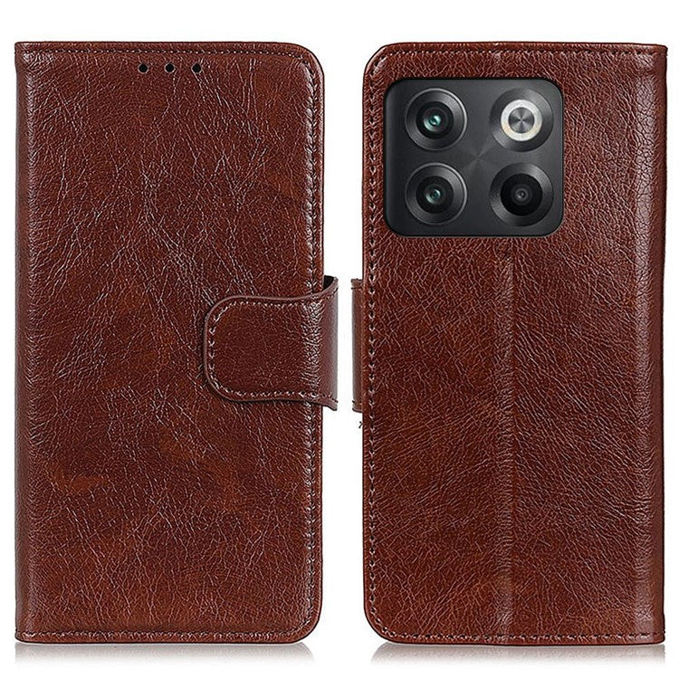 For OnePlus 10T 5G / Ace Pro 5G Anti-scratch Split Leather Flip Case Nappa Texture Magnetic Closure Phone Wallet Cover with Stand - Brown