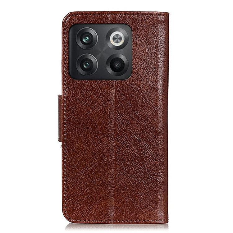 For OnePlus 10T 5G / Ace Pro 5G Anti-scratch Split Leather Flip Case Nappa Texture Magnetic Closure Phone Wallet Cover with Stand - Brown
