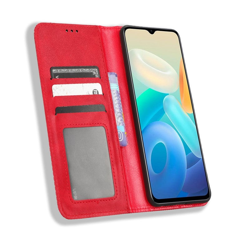 For vivo Y77 5G / Y77e 5G Vintage Texture Magnetic Auto-absorbed PU Leather Case Wallet Stand Phone Cover - Red