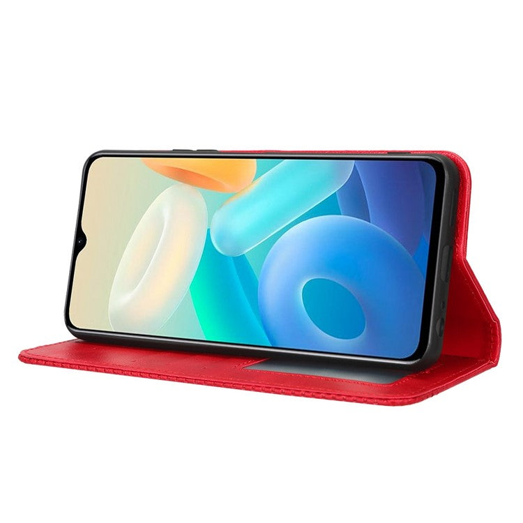For vivo Y77 5G / Y77e 5G Vintage Texture Magnetic Auto-absorbed PU Leather Case Wallet Stand Phone Cover - Red